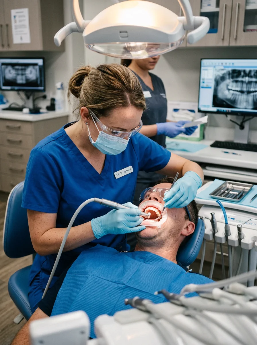 Dentist working on a patient's teeth in a modern dental clinic