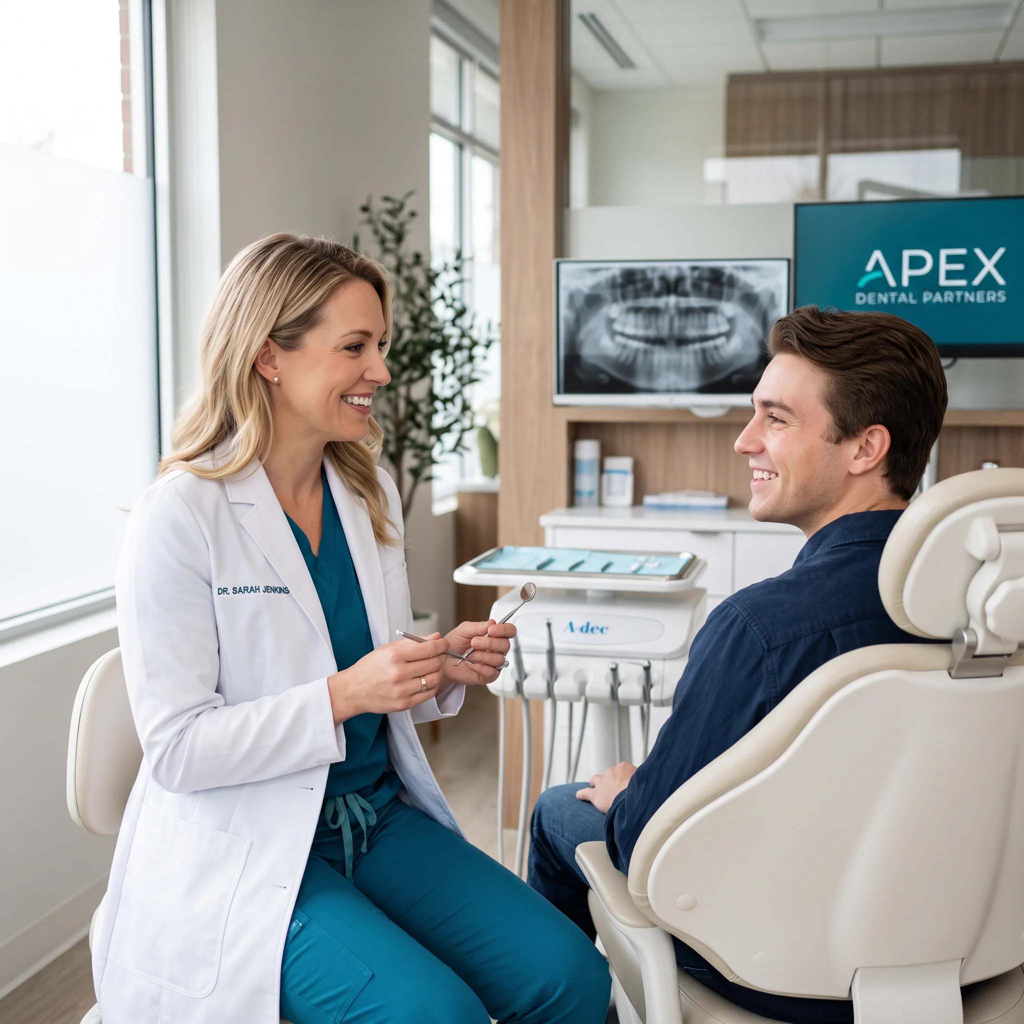 Dentist interacting with a happy patient in a modern dental clinic